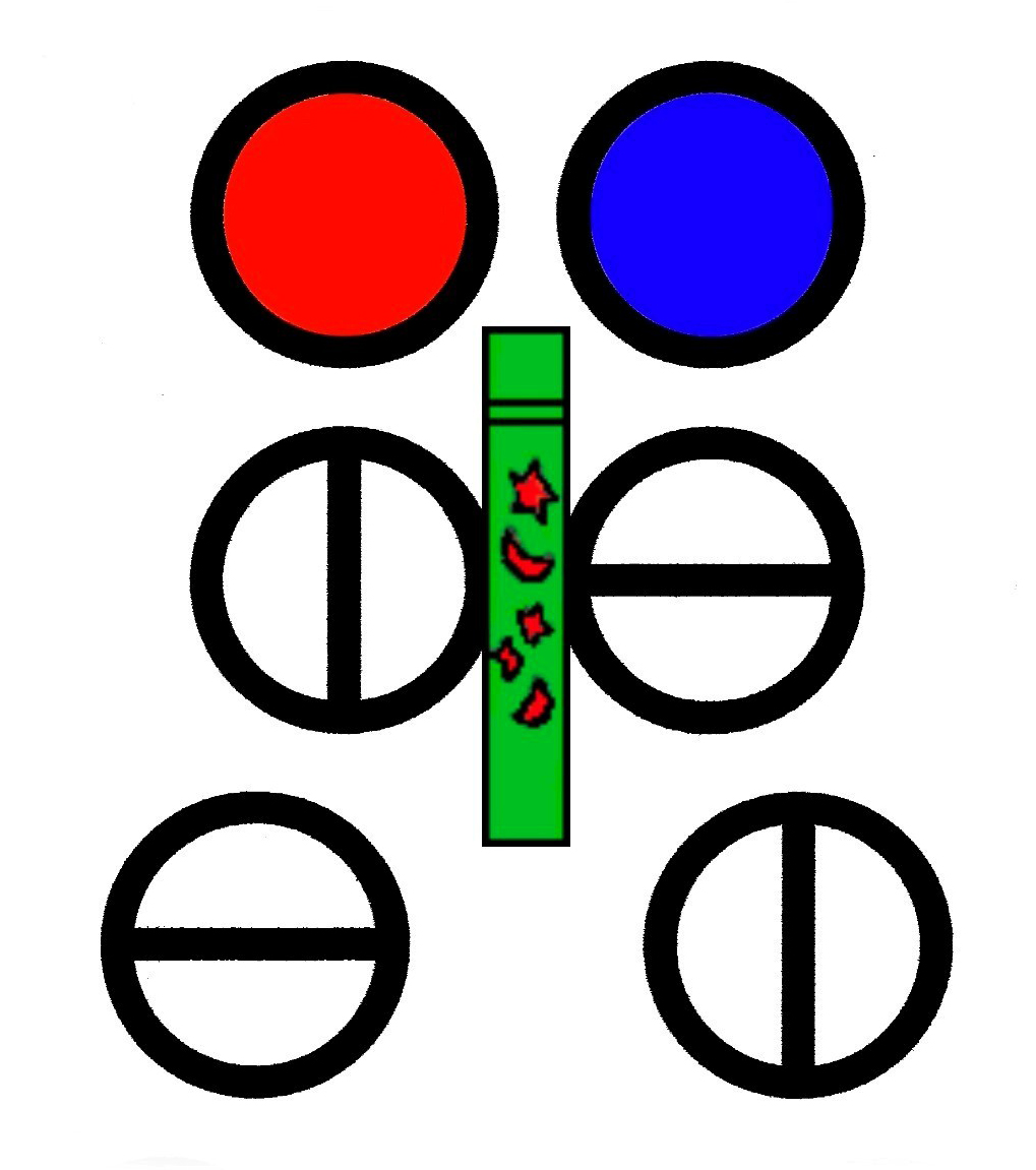 Mini 3-D Warning Example; Staring at the Pen Placed in Front of the 2 Red, Blue Circles to Create a Illusion of a 3rd Circle. This strains the eyes, brain, eye muscles